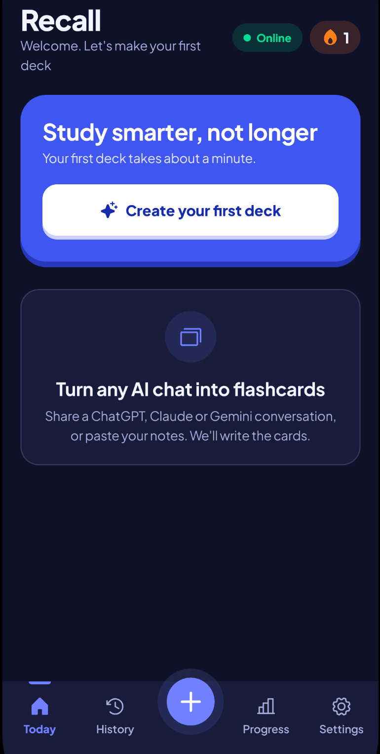 Recall – Welcome screen and deck creation